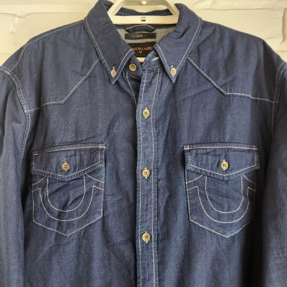 True Religion Mens Blue Western Shirt Button Down Slim Fit Cotton Size Large - Picture 3 of 8